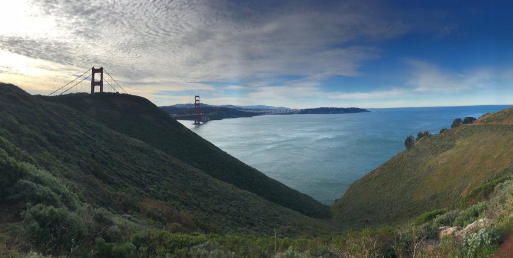 Scenic view of the Golden Gate Bridge and Bay from San Francisco hills.