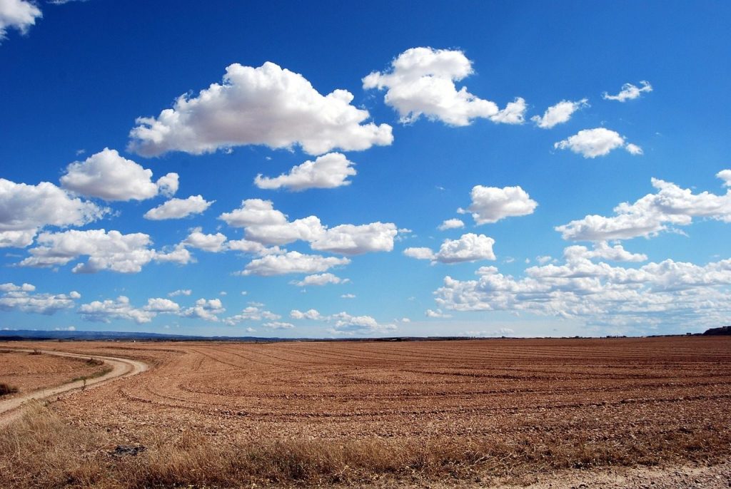 field, land, nature, clouds, sky, horizon, agriculture, plowing, cloudy, arid, dry, cumulus, blue sky, rural, countryside