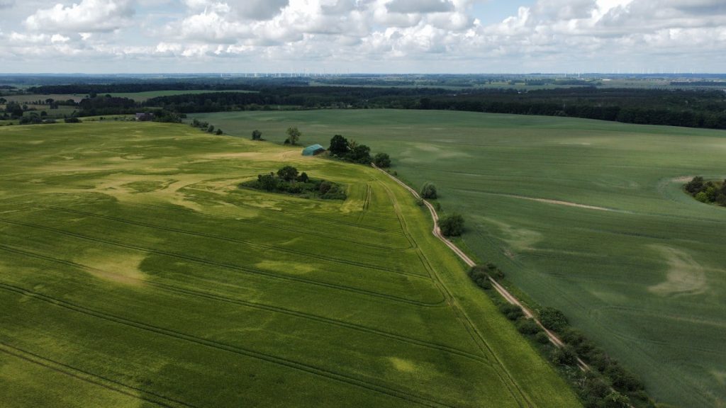 Expansive aerial landscape showing lush green agricultural fields in Germany during daytime.