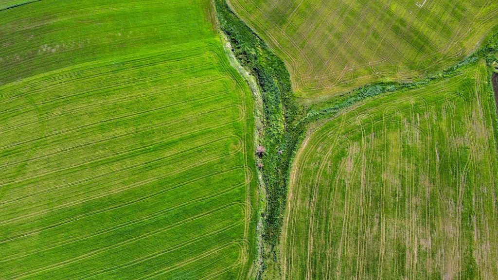 Aerial photograph of verdant agricultural fields showcasing detailed patterns and textures, ideal for agriculture themes.