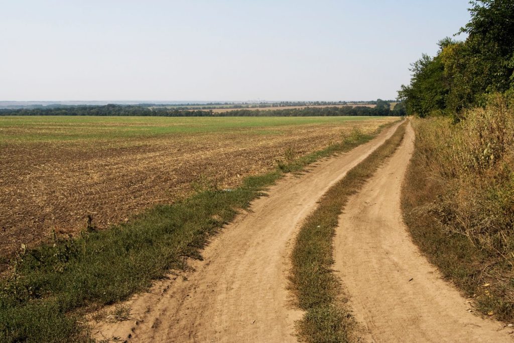 Scenic view of a dirt road leading through open countryside landscape with fields and trees during the day.