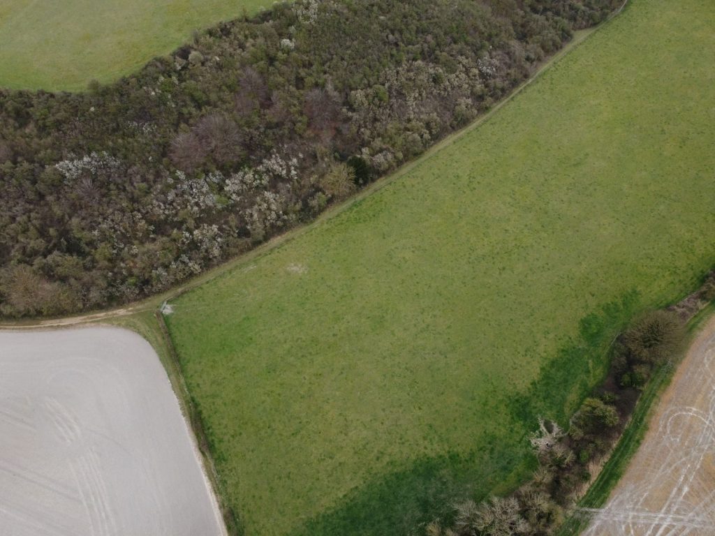 Drone shot of green fields and forest in Central Bedfordshire, UK, showcasing vibrant rural landscape.