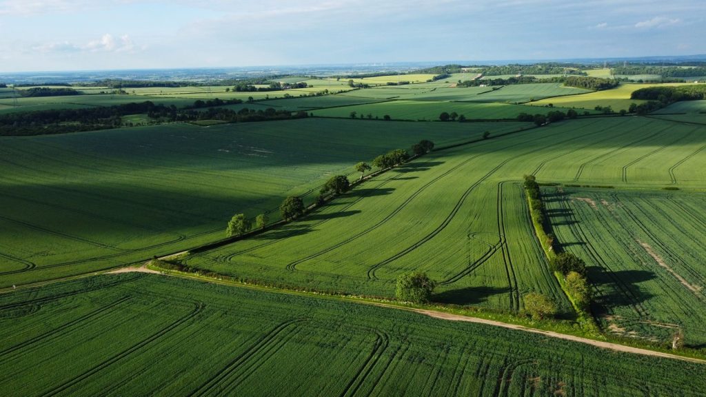 A stunning aerial view of lush green fields in Central Bedfordshire, showcasing rural English landscape.