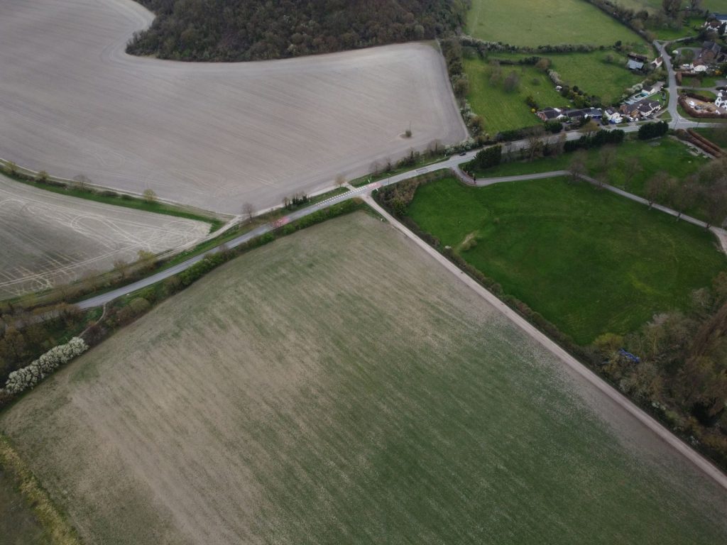 Drone shot capturing the lush agricultural landscape of Central Bedfordshire, England.