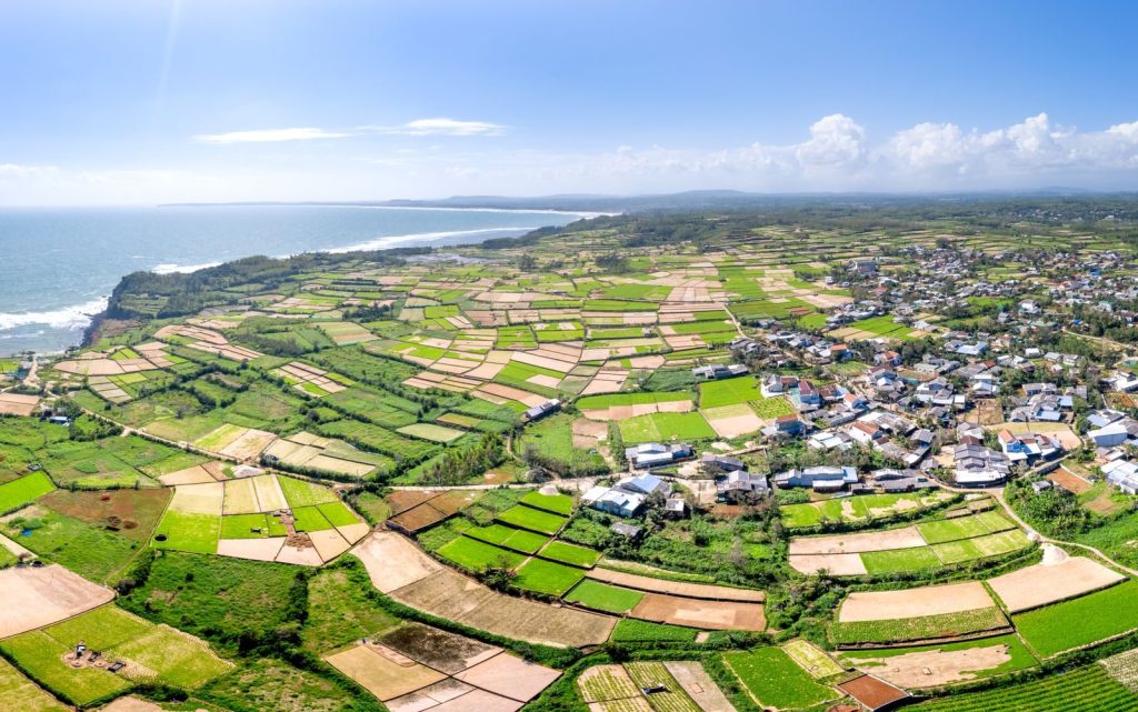 Breathtaking aerial view of lush farmland and rural village by the coast.